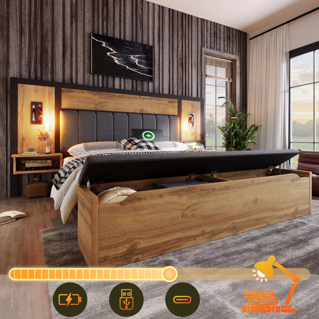 LETTO matrimoniale 180x200 cm Rovere con comodini, luci lettura e panca contenitore
