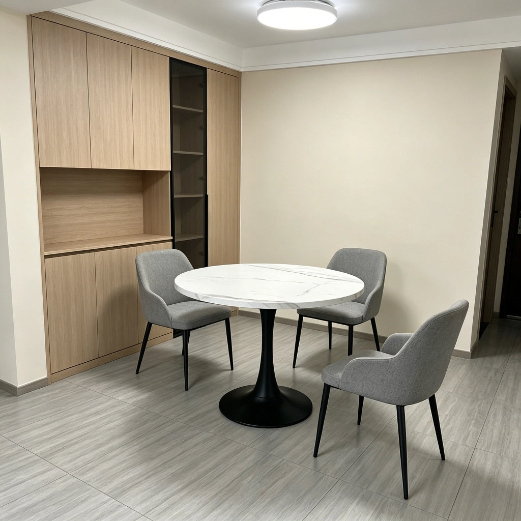 Tavolo da pranzo rotondo moderno per 2-4 persone con base centrale, in MDF e metallo, bianco e nero, diametro 80 cm