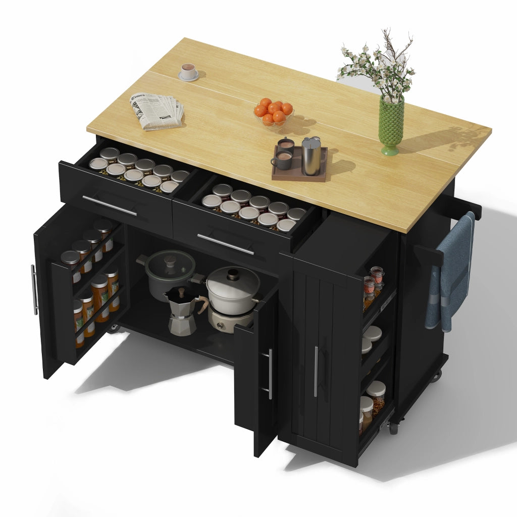 Isola da cucina mobile con piano pieghevole, organizer estraibile a 3 livelli, 2 cassetti e ruote