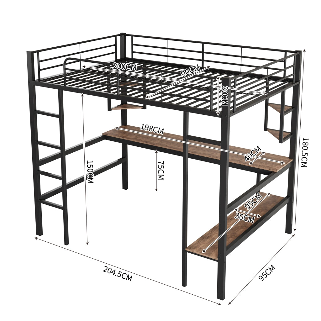 OKWISH Letto a Soppalco 90×200 cm, Letto Singolo con Scrivania, 5 Mensole e Libreria, senza Materasso, in Metallo, Nero