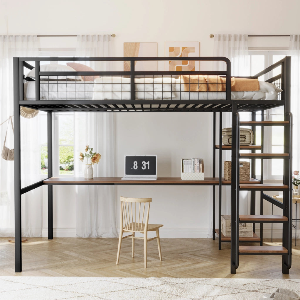 Letto a soppalco 140x200 cm con scrivania e ripiani in metallo nero