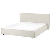 Letto 160 x 200 cm rivestimento in tessuto di lino bianco sporco e gambe nere, con testiera e struttura a doghe per la camera da letto.