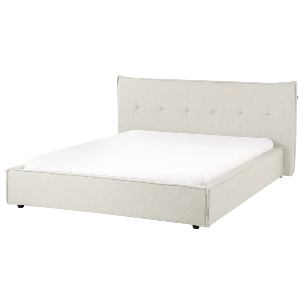 Letto 160 x 200 cm rivestimento in tessuto di lino bianco sporco e gambe nere, con testiera e struttura a doghe per la camera da letto.