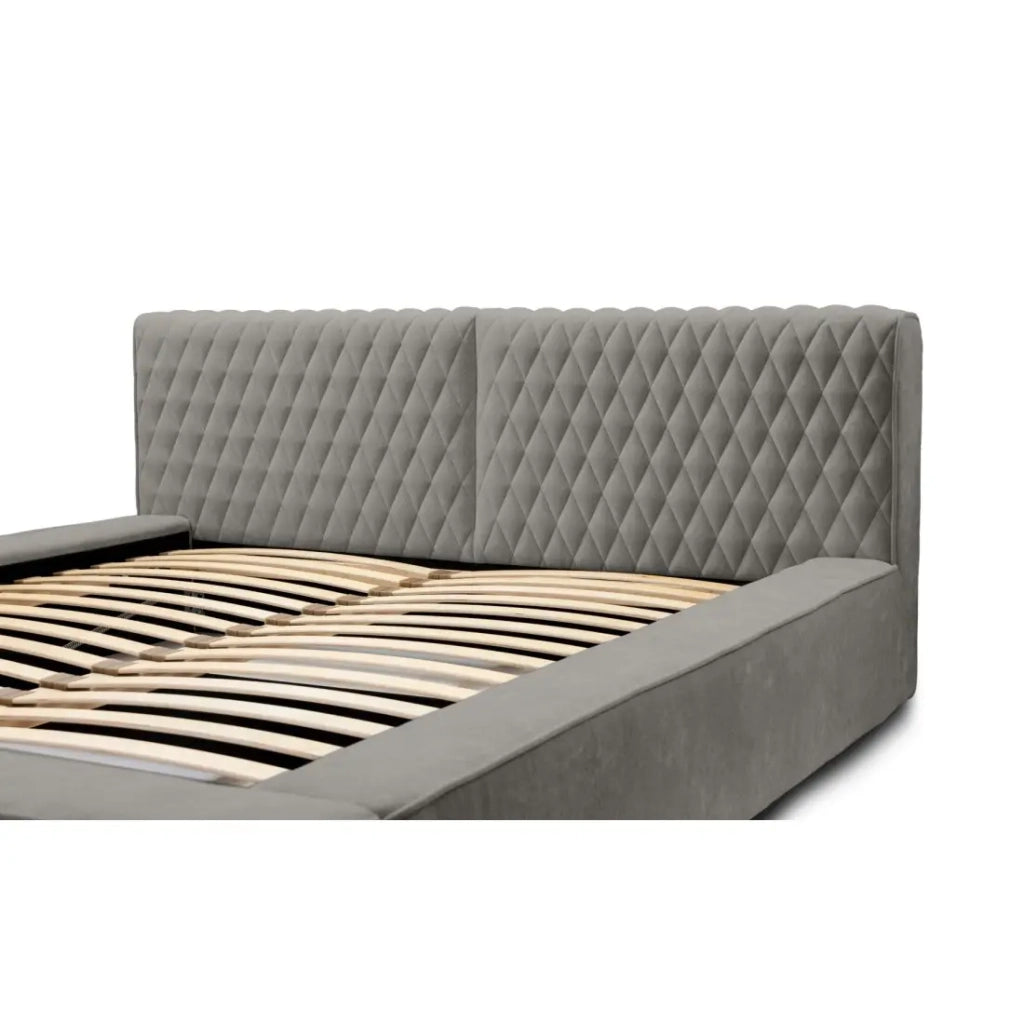 Letto contenitore VERNON – Tessuto ciniglia bouclé Cenere taupe – 140x200 cm – Rete sollevabile – Design di alta gamma