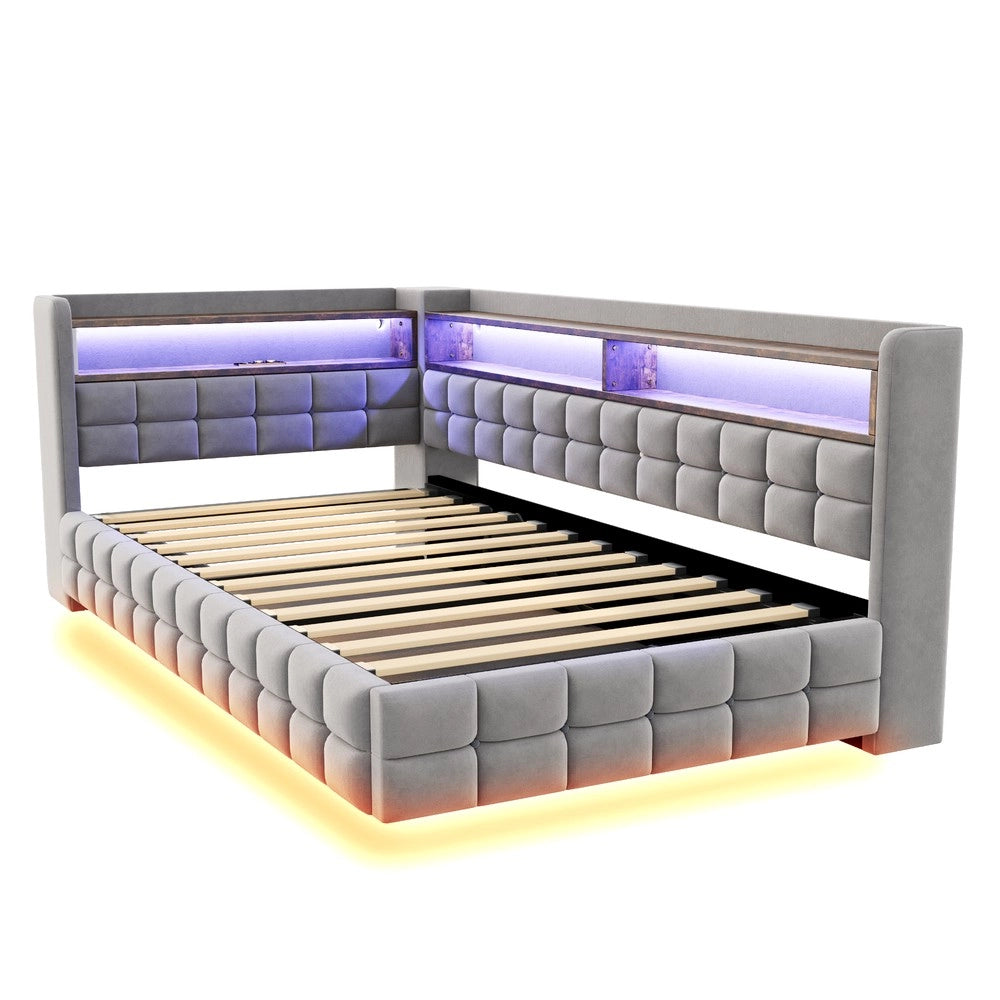 Letto imbottito contenitore ¨C Minimal ¨C grigio velluto con LED idraulico 90x200 cm