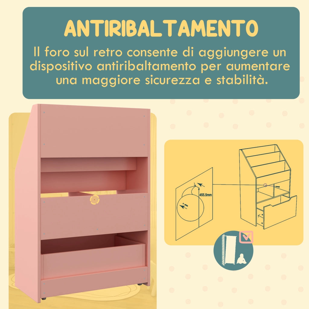 Libreria per Bambini con Cassetto ¨C zephmum ¨C Rosa, MDF, 60x30x90