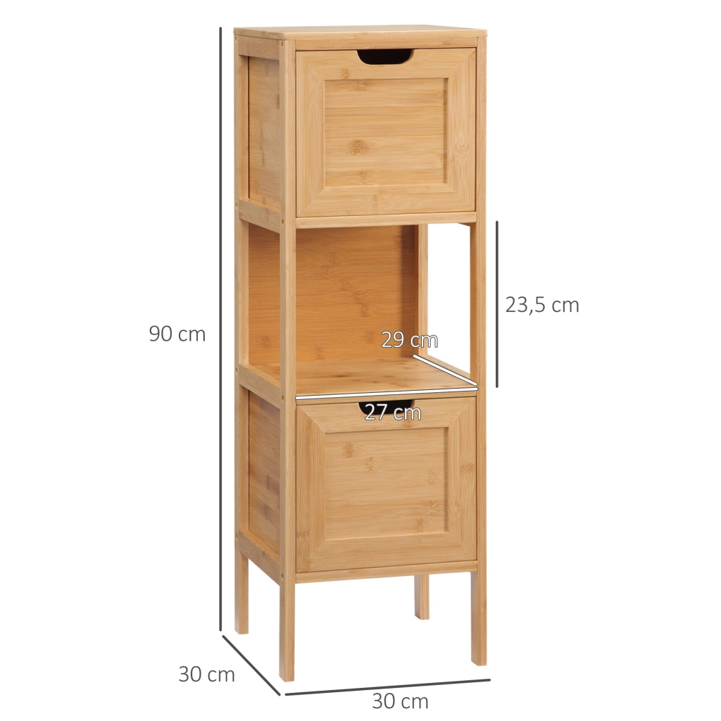 Mobile bagno in bambù con 2 cassetti e ripiano aperto, salvaspazio, con dispositivo antiribaltamento, 30x30x90 cm