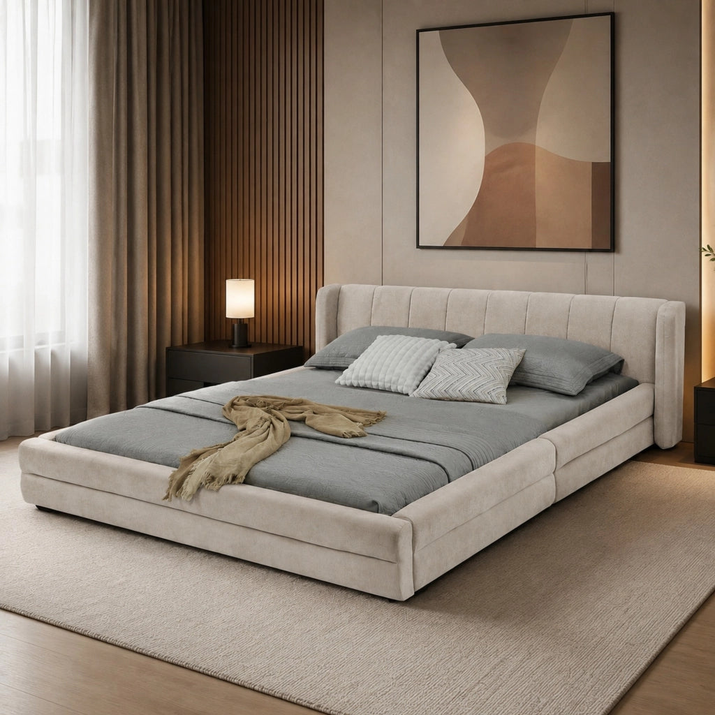 Letto matrimoniale imbottito 160x200 cm in ciniglia beige con testiera