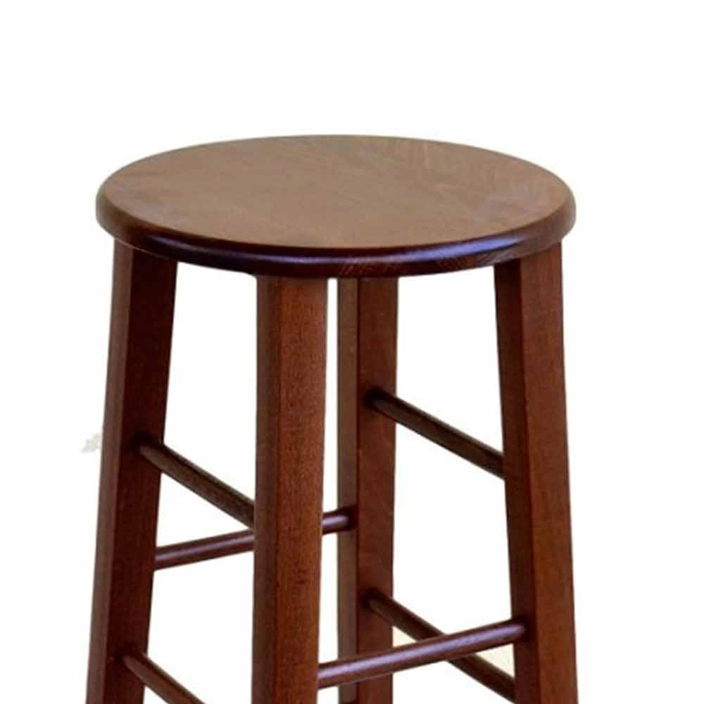 Sgabello in legno massello noce scuro h 80 con seduta tonda e gambe a sciabola