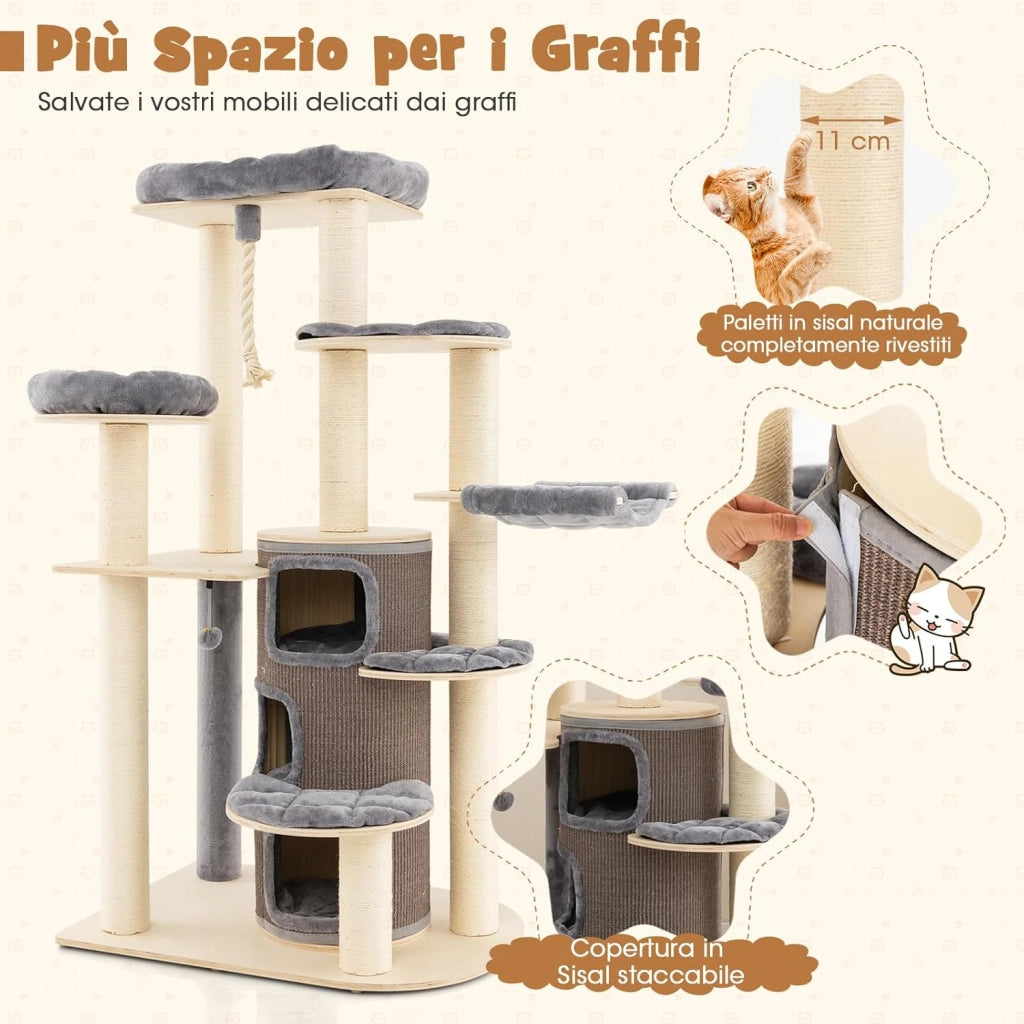 Albero Tiragraffi da 173 cm per Gatti, Torre per Gatti in Legno con Nicchia a 3 Piani, 2 Cucce Tiragraffi, Piattaforme, Amaca, Mobili Moderni per Gatti da Interno (Grigio)