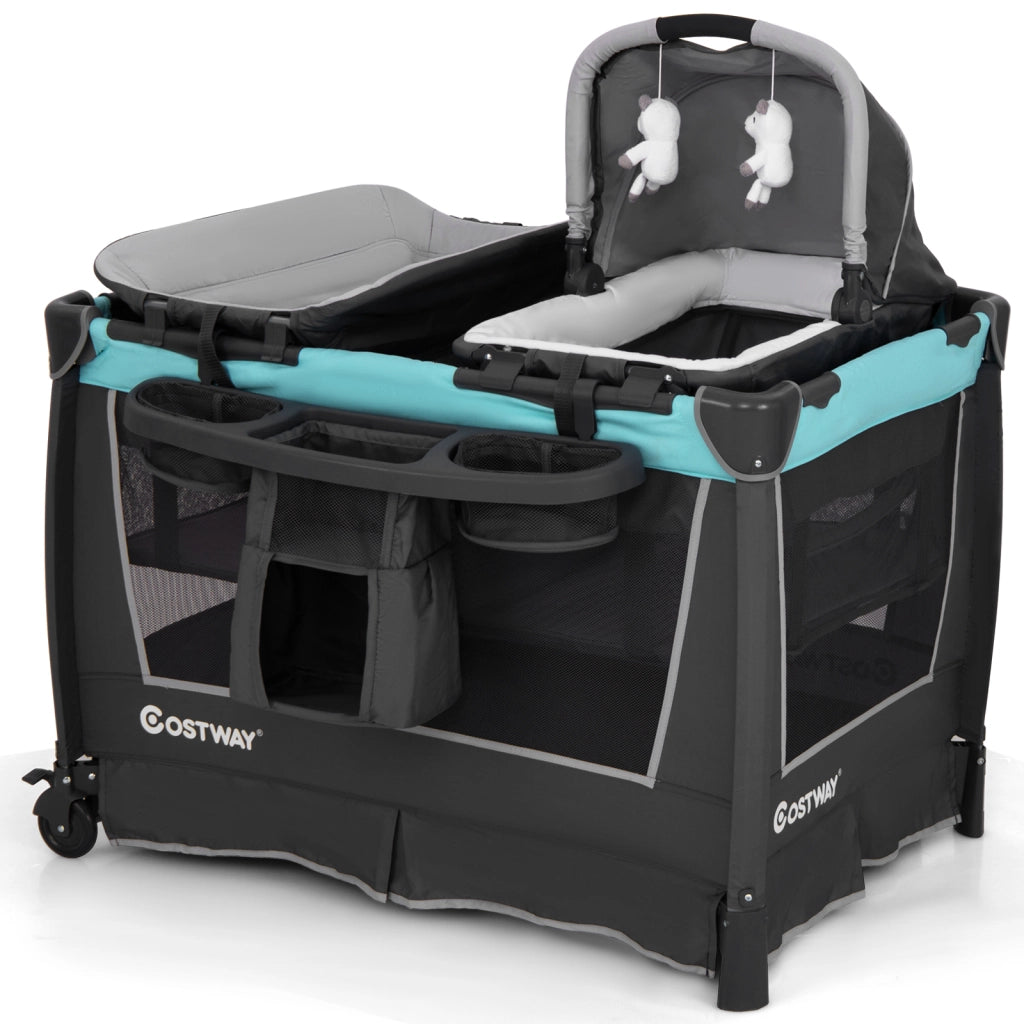 Lettino viaggio 5 in 1 pieghevole culla removibile fasciatoio materasso-Box bambini ripiano portaoggetti ruote bloccabili neonati Verde