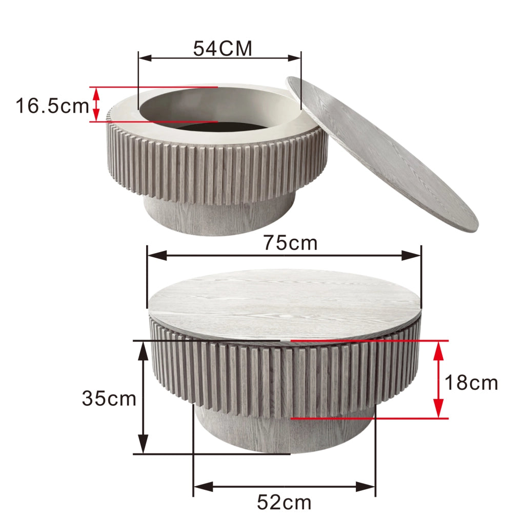 Tavolino da caffè rotondo 75 cm con contenitore nascosto in legno e MDF bianco rétro