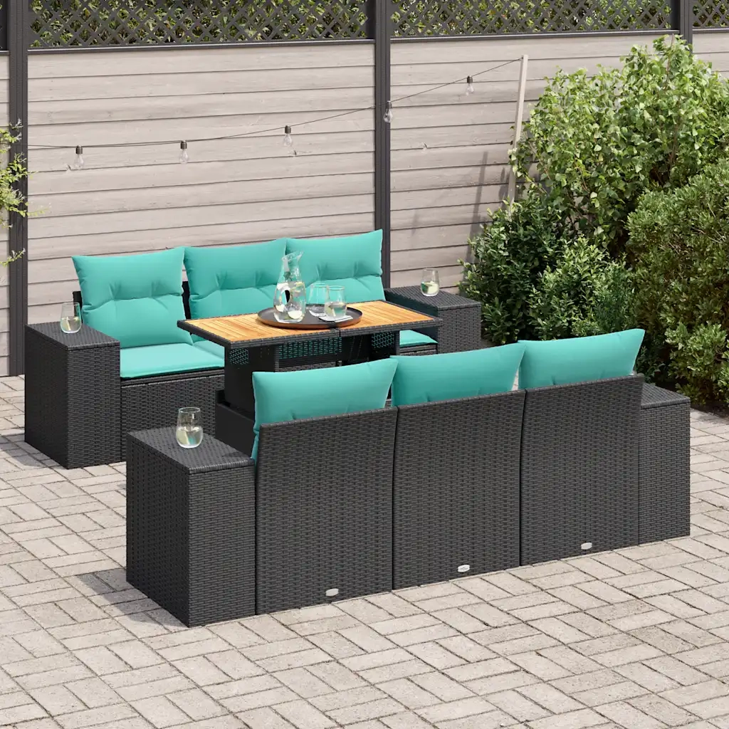Set Divani da Giardino con Cuscini 7pz Nero Polyrattan