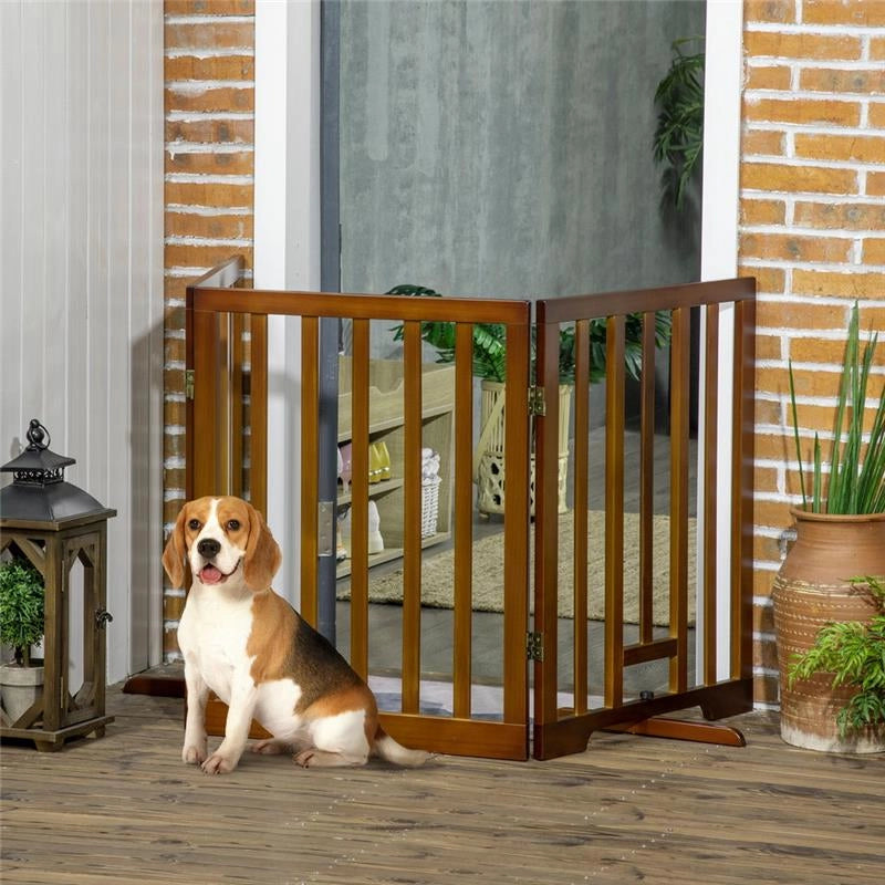 CANCELLINO PER CANI PIEGHEVOLE A 3 PANNELLI CON PIEDINI ANTISCIVOLO PER CORRIDOI, SCALE E STANZE, IN LEGNO DI PINO, 181X35X76 CM, MARRONE SCURO