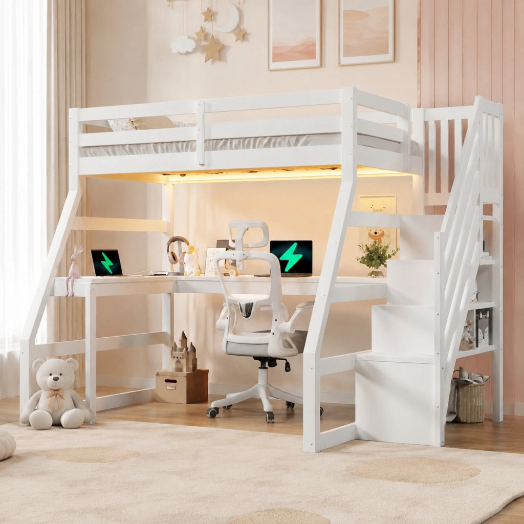 DESMIU Letto a soppalco 90 × 200 cm 1 posto con scrivania, LED, scala con contenitore, senza materasso, bianco