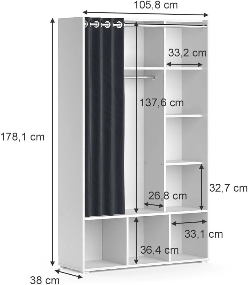 Armadio multifunzione Luigi, Bianco, 38 x 178.1 cm con binario per tendeper uno stoccaggio flessibile