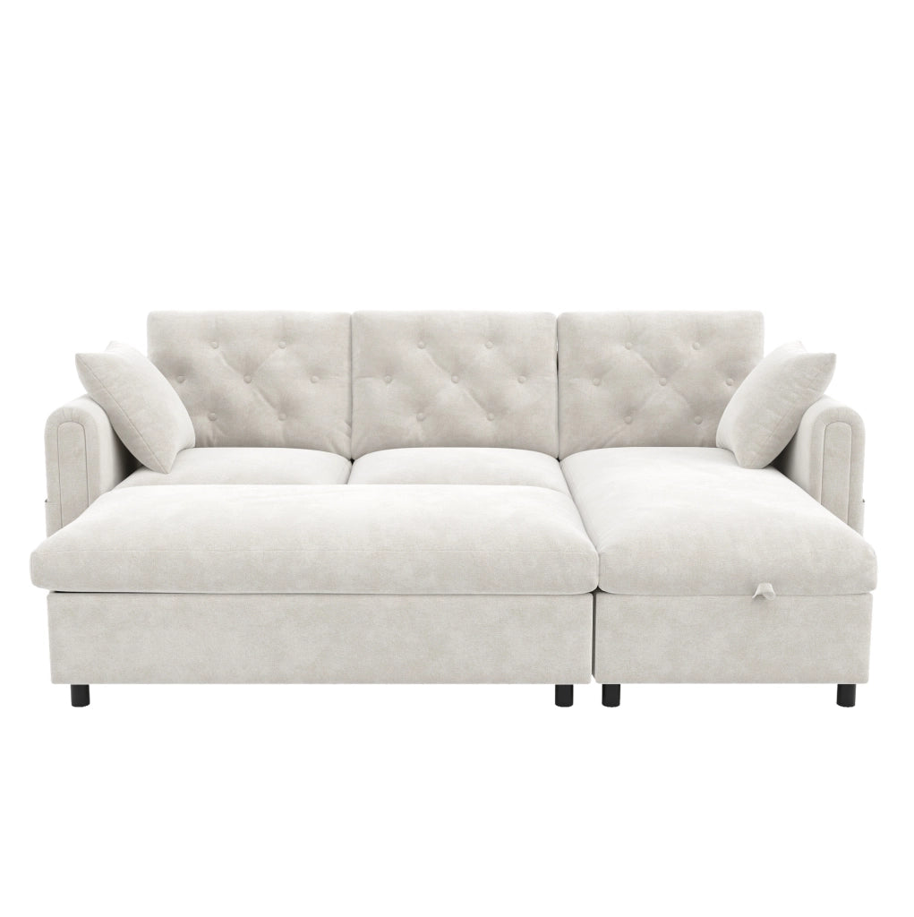 Divano beige con chaise longue e pouf contenitore