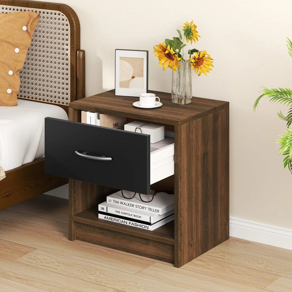 COSTWAY Comodino 38,5 x 28 x 40,5cm in Legno, Tavolino Salvaspazio con Scomparto Aperto e Casseto per Soggiorno e Camera da Letto (Marrone+Nero)