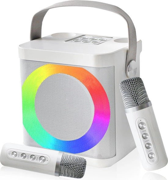 Impianto Karaoke - Macchina Karaoke con altoparlante Bluetooth portatile con 2 microfoni wireless e illuminazione dinamica per feste a casa e riunioni - Bianco