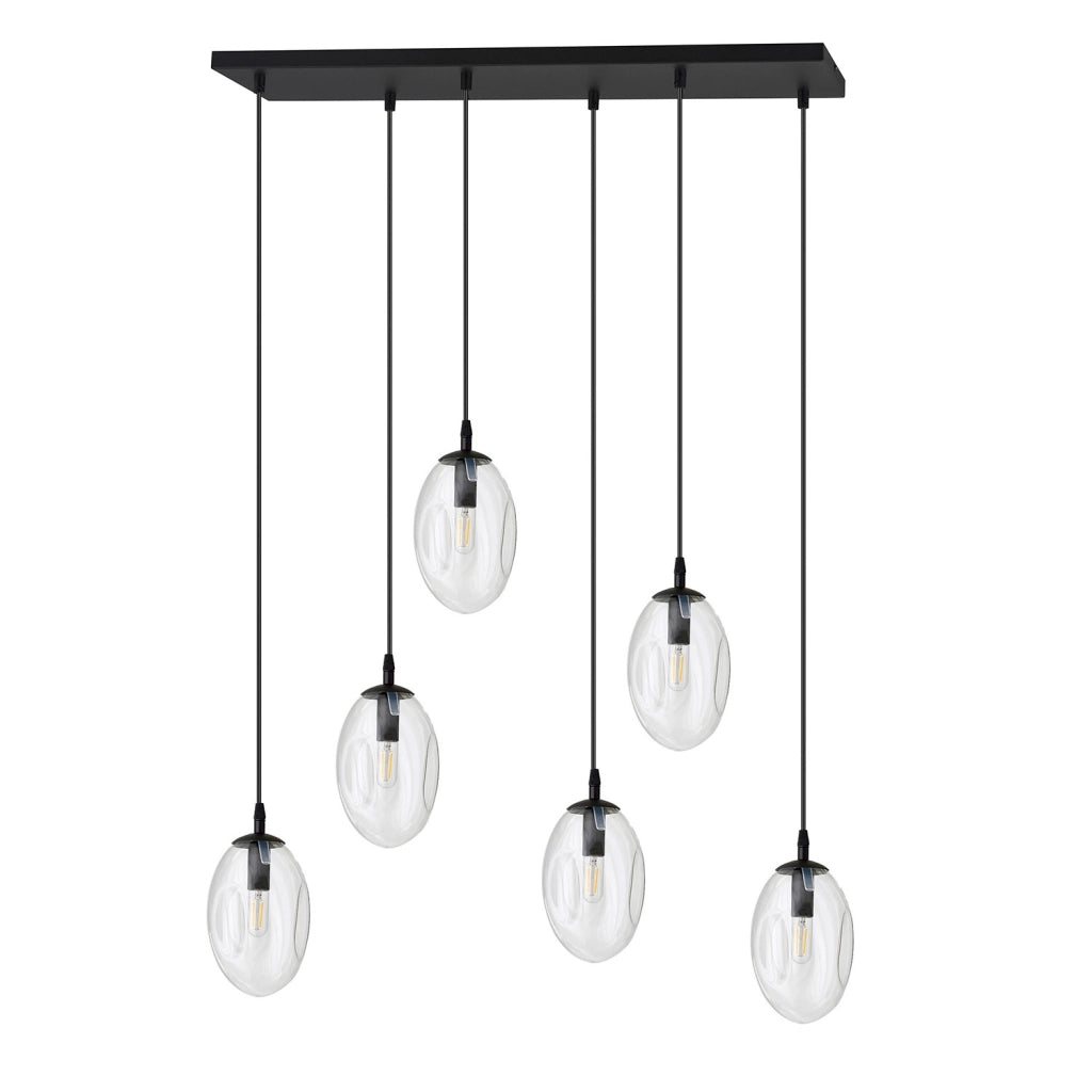 Sospensione Minimal 6 Luci Pendragon Acciaio Nero E Vetro Trasparente