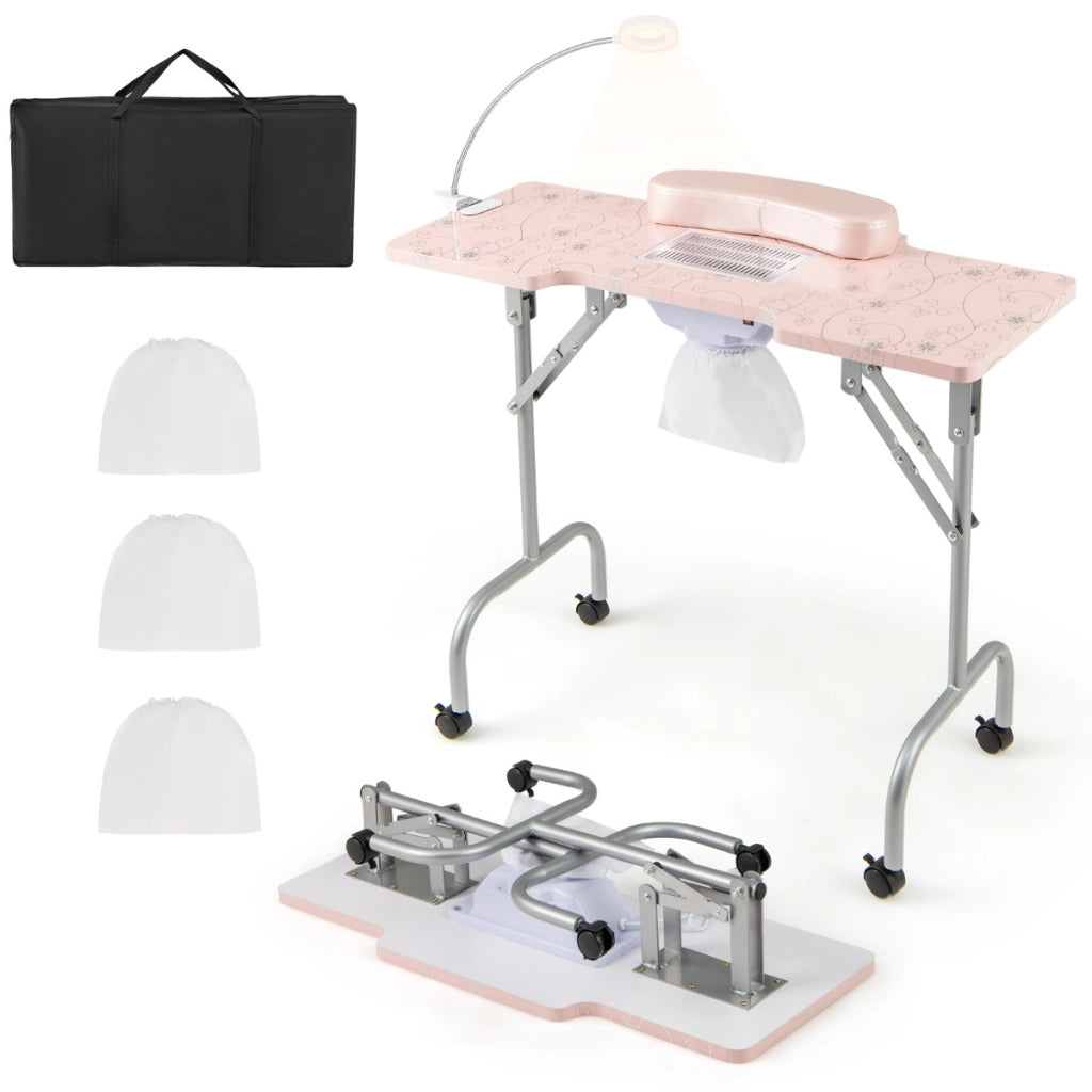 Tavolo manicure pieghevole con aspiratore elettrico e borsa da trasporto, Scrivania portatile unghie con luce led Rosa-Scrivanie