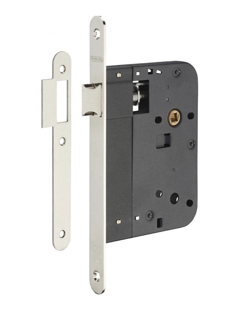 Serratura da incasso con scrocco, asse 80 mm, frontale nichelato – THIRARD