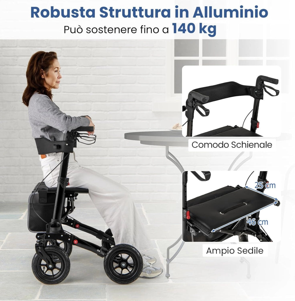 Deambulatore Pieghevole per Anziani in Alluminio, Rollator Regolabile in Altezza con Seduta, Schienale e Freni, Girello per Anziani con Borsetta, Carico Massimo 140 kg (Nero)