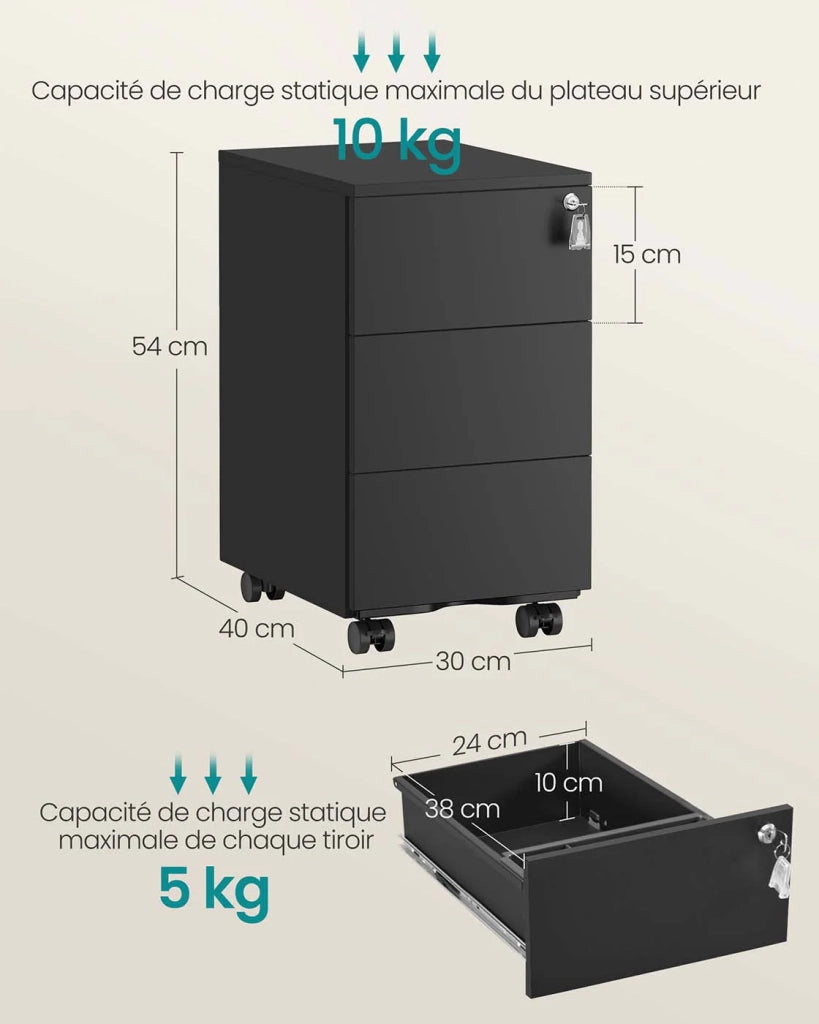 Cassettiera mobile per ufficio 39 x 45 x 55 cm chiudibile a chiave con 3 cassetti per archiviazione documenti e cancelleria preassemblata per ufficio o home office nera 12_0004823