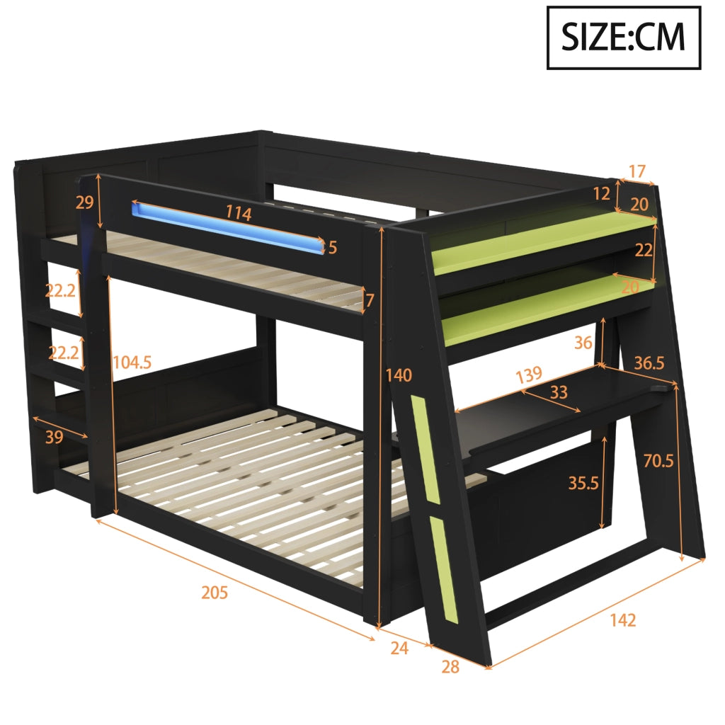 Letto a Castello Gaming in Legno con Scrivania, LED e USB ¨C MINIMAL ¨C Nero, 140x200 cm