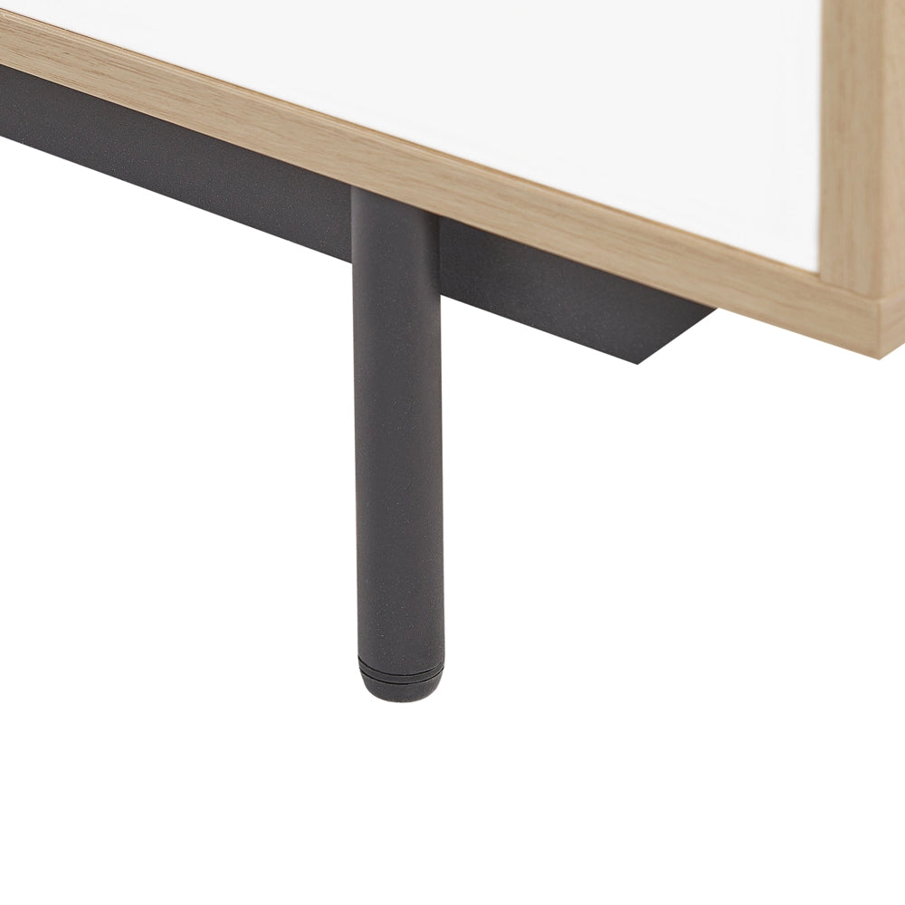 Mobile TV in legno chiaro con bianco per TV fino a 75ʺ in legno pregiato con cassetti e ripiani Gestione dei cavi