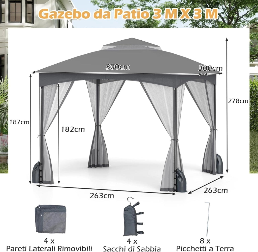 Gazebo da Giardino 3 x 3 m, Gazebo Impermeabile con Rete Mesh Staccabile e Terro Ventilato a Doppio Strato, Tenda Regolabile in Altezza per Feste, BBQ e Picnic (Grigio)