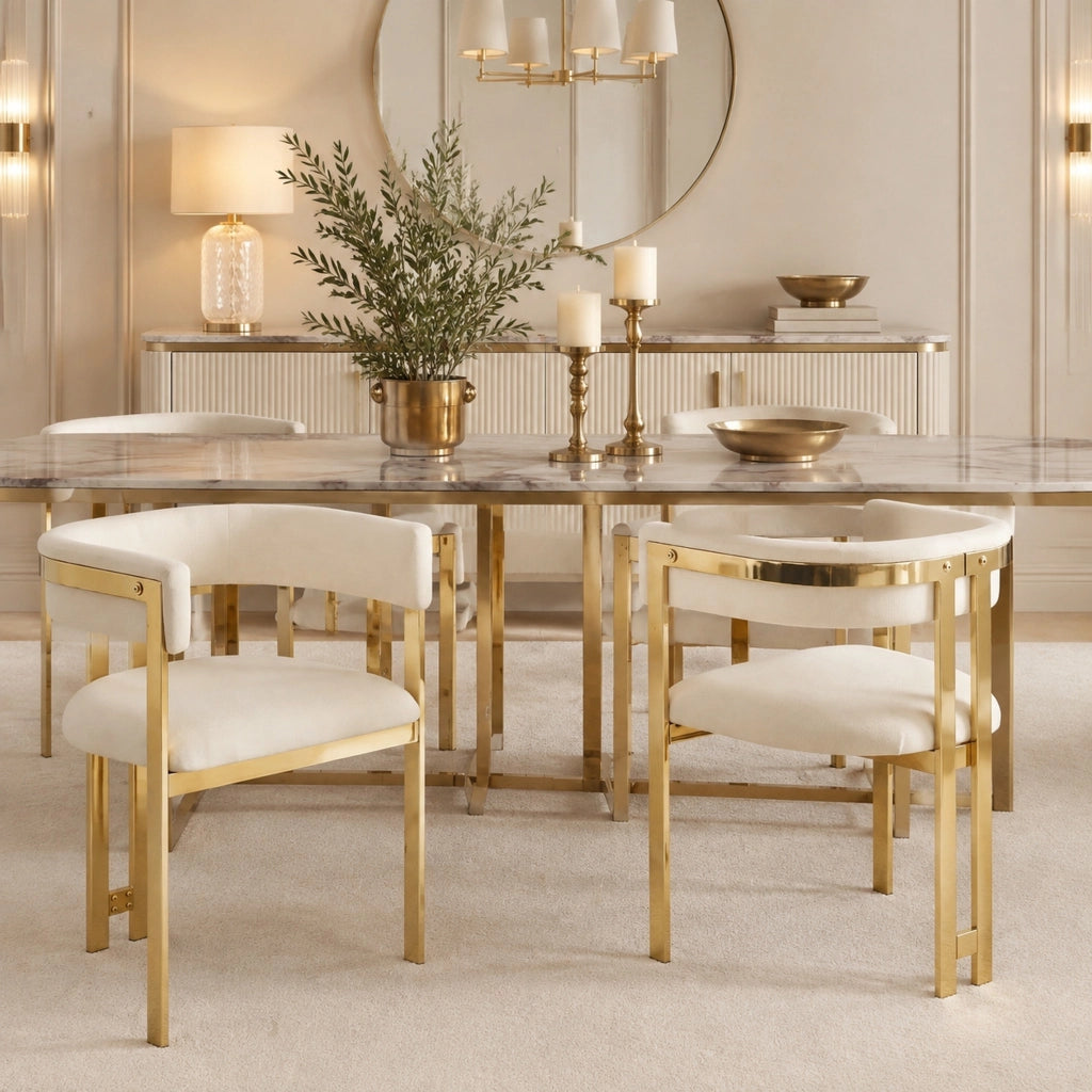 Set di 4 sedie 60x50x76 cm con schienale semicircolare; in chenille beige e oro