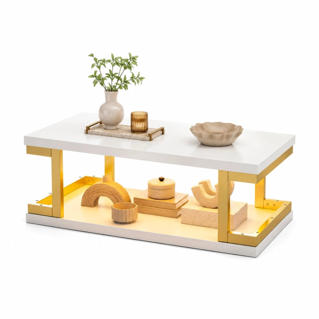 Tavolino da salotto rettangolare con LED; 100 x 50 x 37;5 cm; MDF e metallo bianco e oro