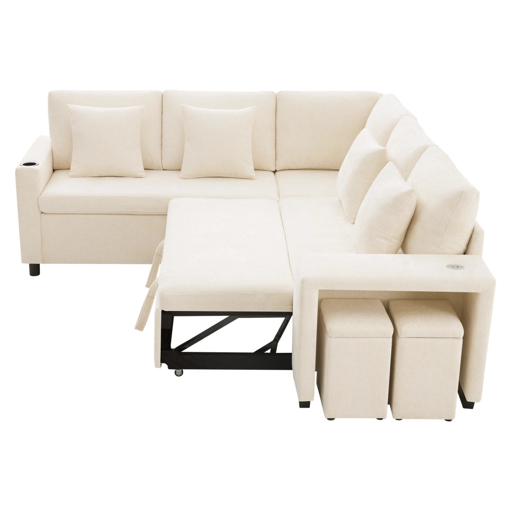 Divano Angolare Convertibile con Contenitore, Portabicchieri e USB ¨C Xylo ¨C Beige