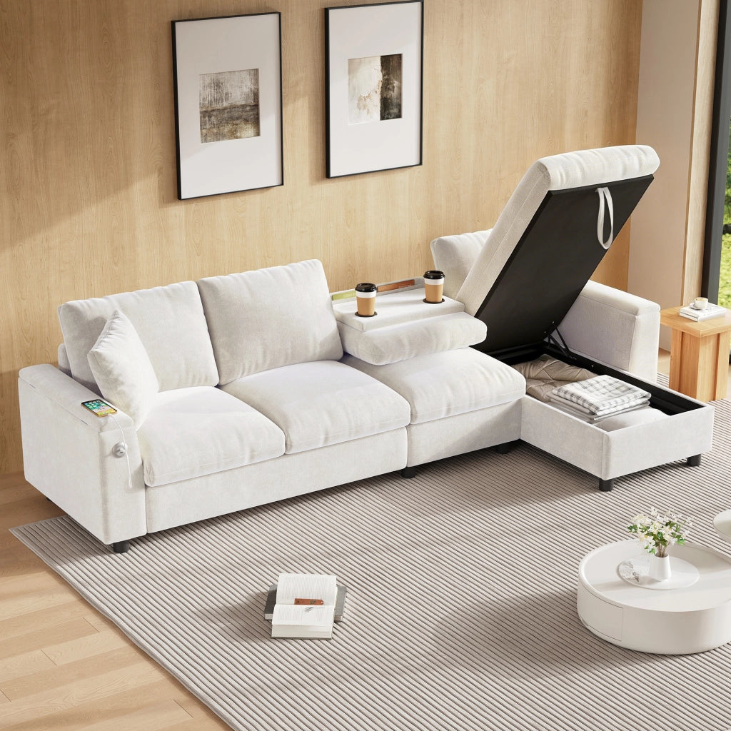 Divano letto angolare con contenitore e tavolino ribaltabile in ciniglia beige