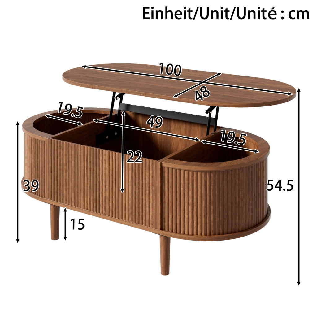 Tavolino da caffè ovale regolabile in altezza 100x48x54;5 cm in MDF; noce