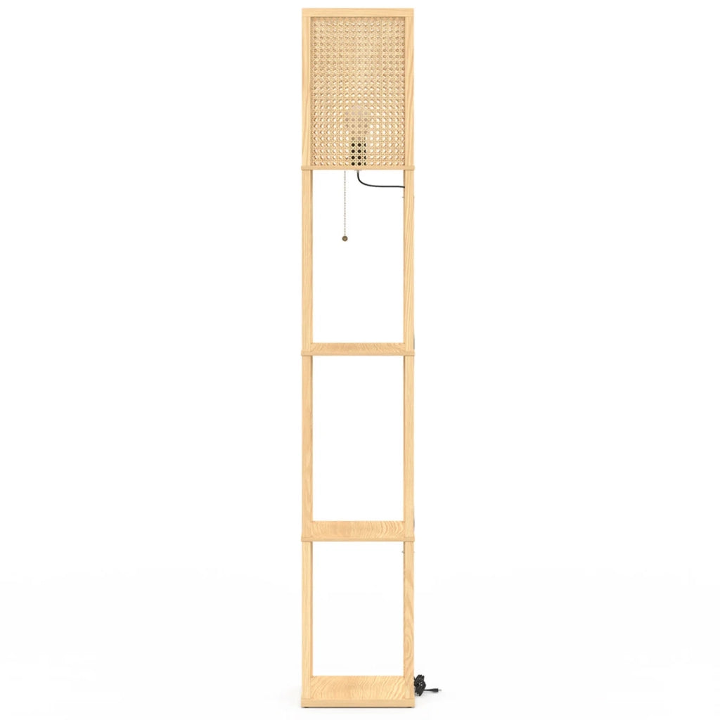 IDMarket - Lampada da terra naturale in legno chiaro con ripiani e paralume quadrato effetto canna da zucchero