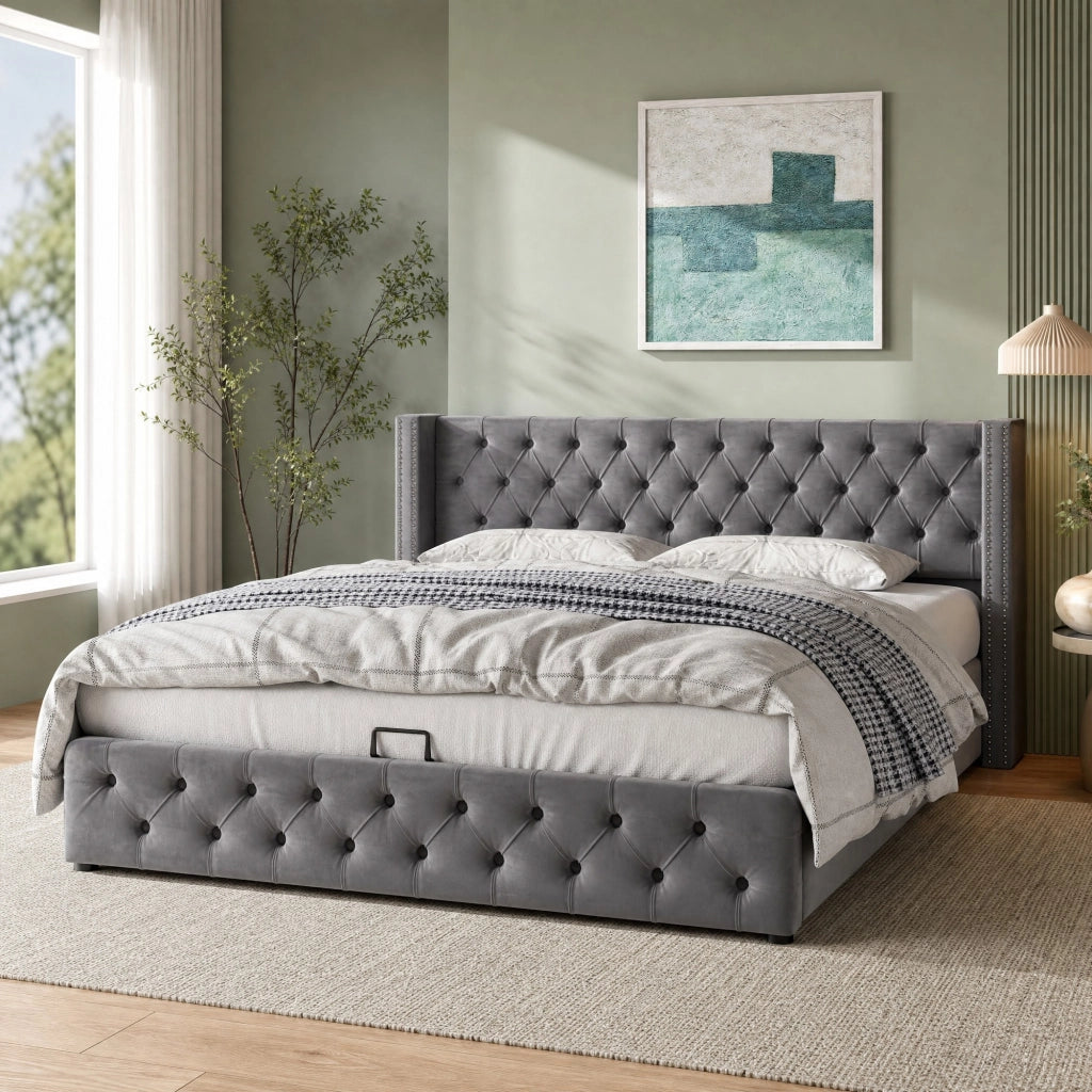 LETTO Contenitore 180x200 cm in Velluto Grigio stile Chesterfield