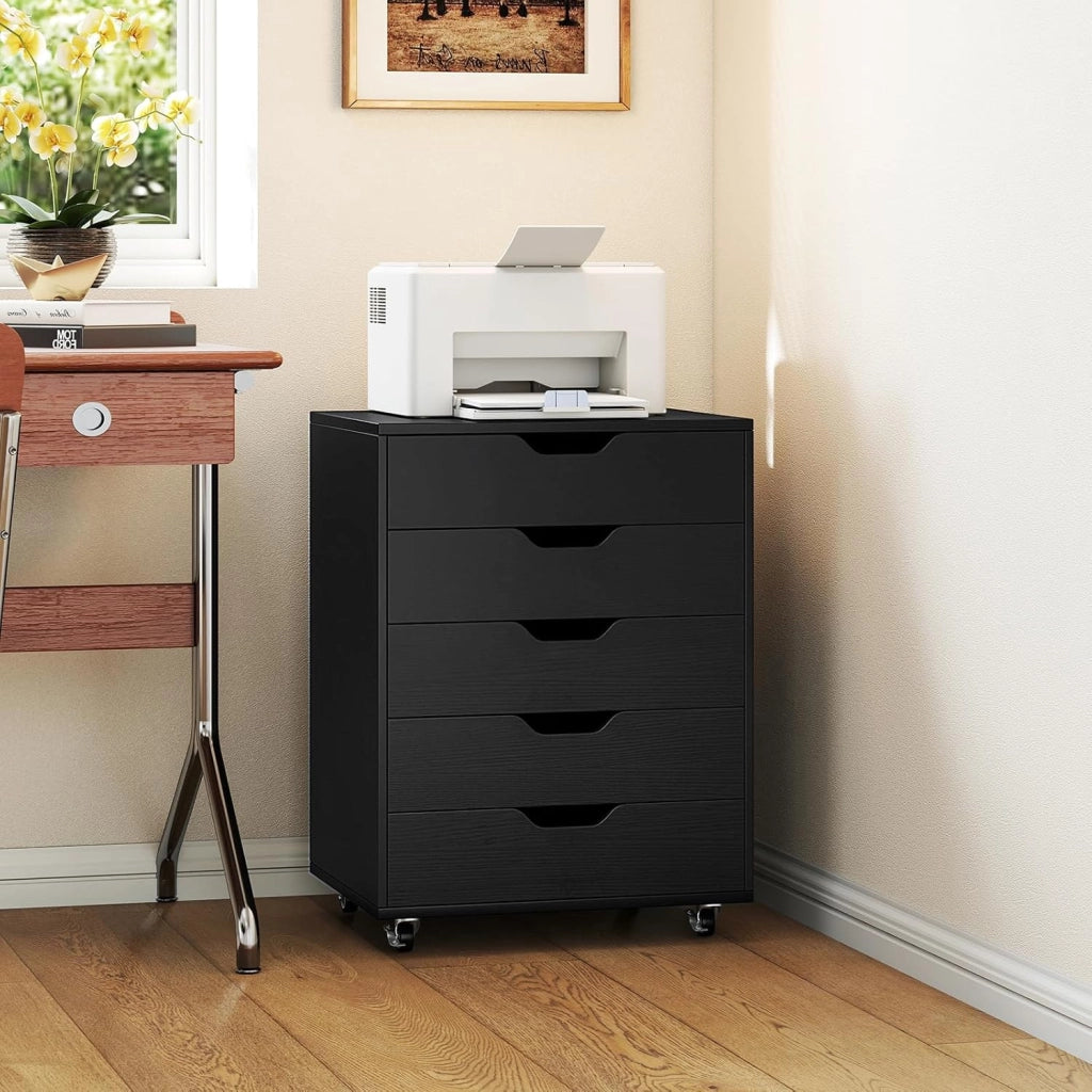Cassetto da scrivania mobile con 5 cassetti da ufficio, mobile da ufficio, organizer con ruote, supporto per stampante per cartelle, documenti, documenti, carta, 48 x 39,5 x 69,5 cm (Nero)