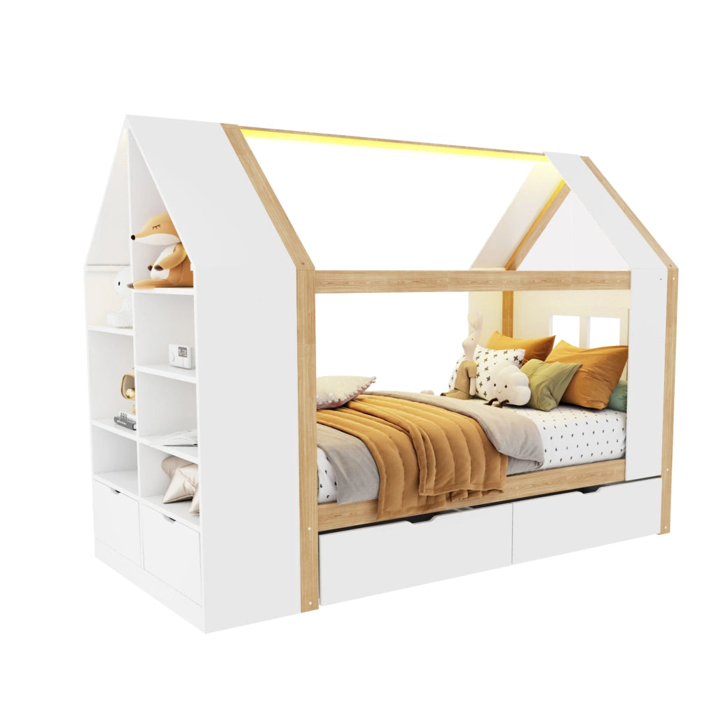 Letto bambini a forma di casa 90x200 cm con LED; 2 cassetti; in legno massello e MDF; bianco e naturale