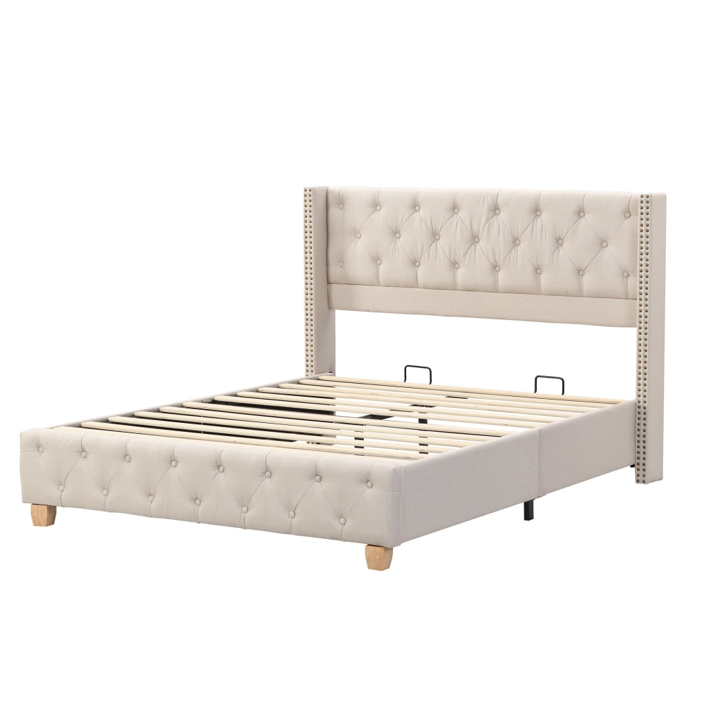 Letto matrimoniale imbottito 140x190 cm in lino beige con rete a doghe e testiera capitonné