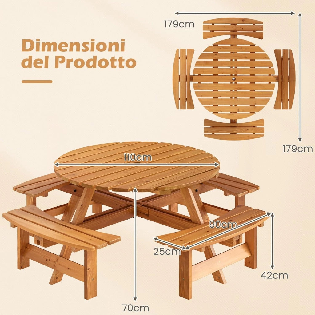 Set Tavolo da Giardino con 4 Panche Integrate, Legno Massiccio, con Foro Ombrellone, per 4-8 Persone, Tavolo Rotondo da Picnic per Esterno, Ogni Panca Porta 250 kg (Giallo, 179 x 179 x 70 cm)