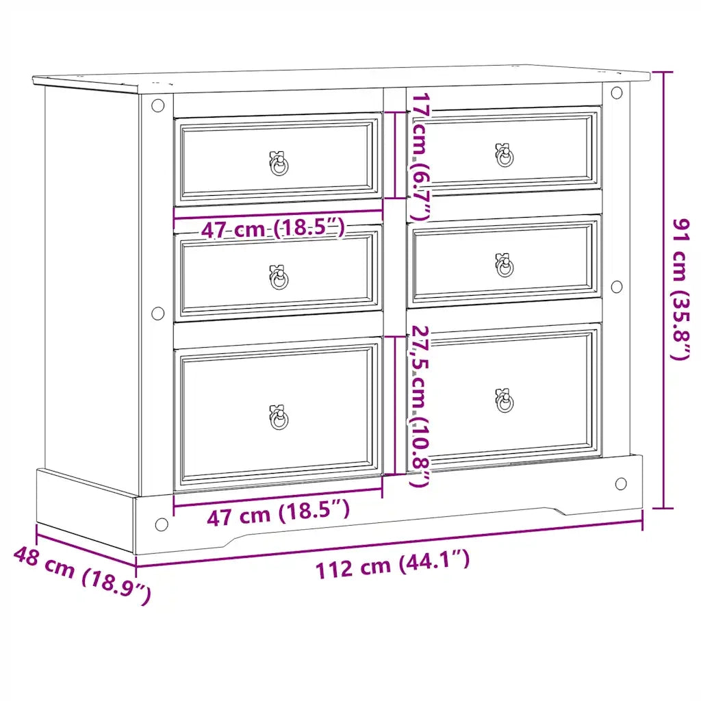 Cassettiera Corona 112x48x91 cm in Legno Massello di Pino 4005677