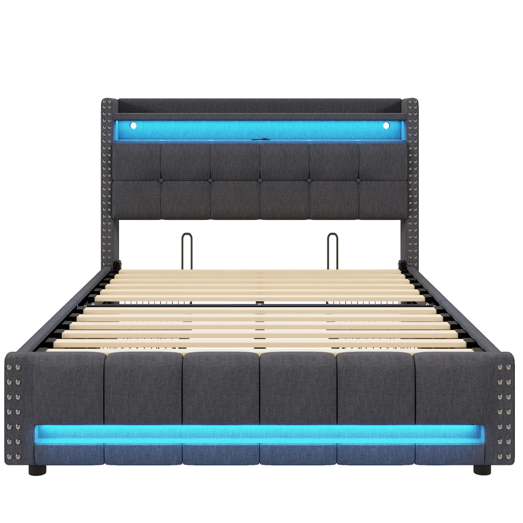 Letto matrimoniale 140x200 cm con LED; porta USB e contenitore; tessuto di lino grigio