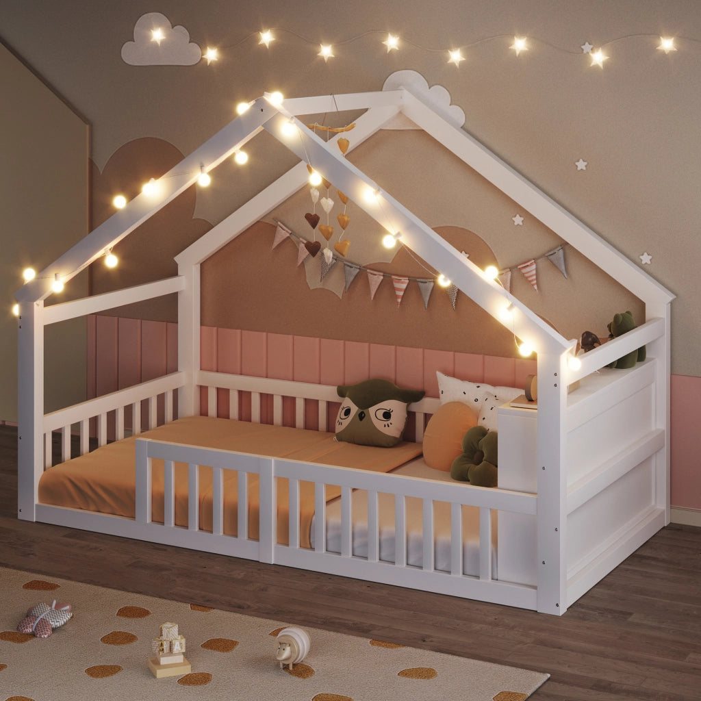 Letto per bambini a forma di casa con LED e sponde, 90x190 cm, bianco