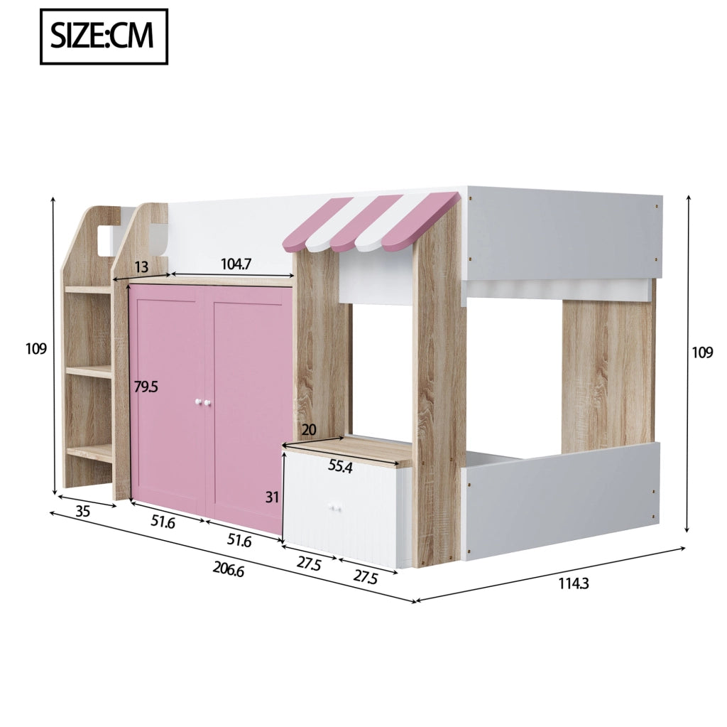 Letto a soppalco a forma di casa 90x200 cm con scala e spazio contenitore; rosa e bianco