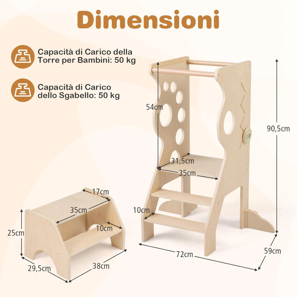 Torretta Montessoriana 2 in 1 in Legno, Torre di Apprendimento con Barre di Sicurezza Rimovibili e Sgabello a 2 Gradini, Set Versatile con Giochi Sensoriali per Bambini 3+ Anni