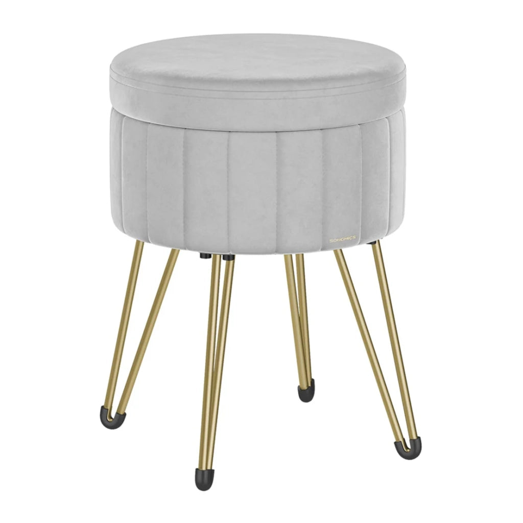 Sgabello rotondo in velluto con contenitore diametro 39 cm 4 gambe in metallo per cabina armadio soggiorno camera da letto grigio 12_0006165