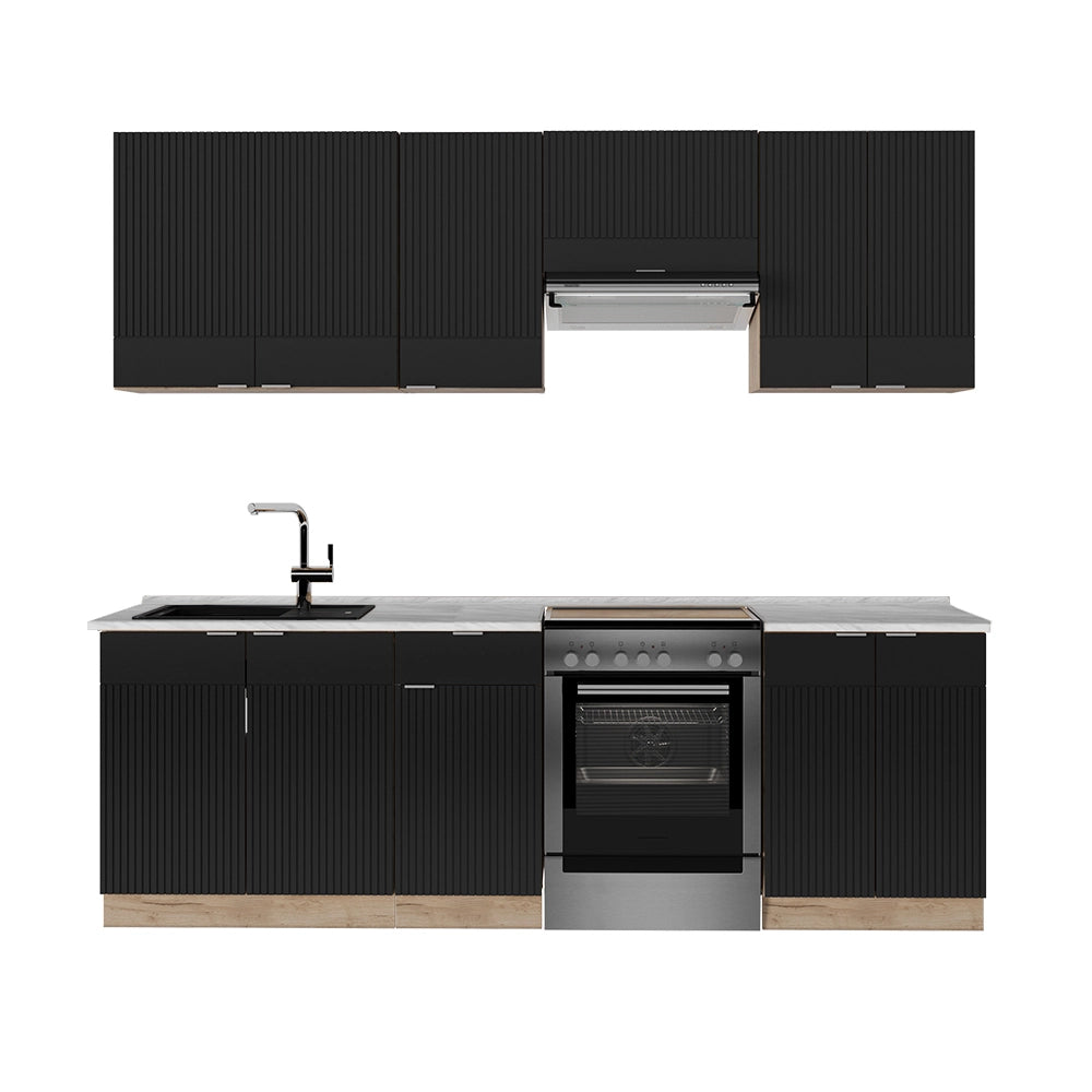 Cucina componibile Fame-Line Nero rigato/Rovere dorato 240 cm, PL Marmo Vicco