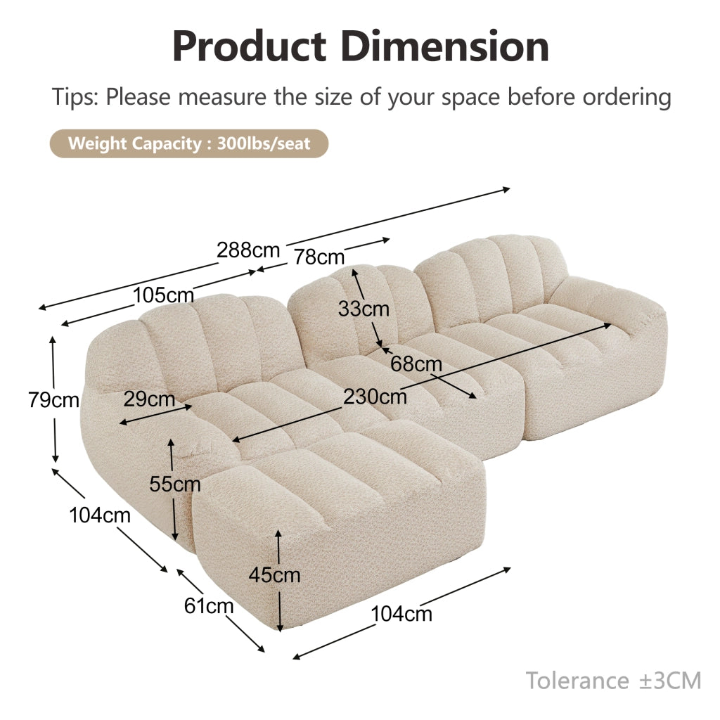 Divano modulare ad angolo con seduta profonda e pouf, per soggiorno, in pile granulato beige bianco 288 × 165 × 79 cm